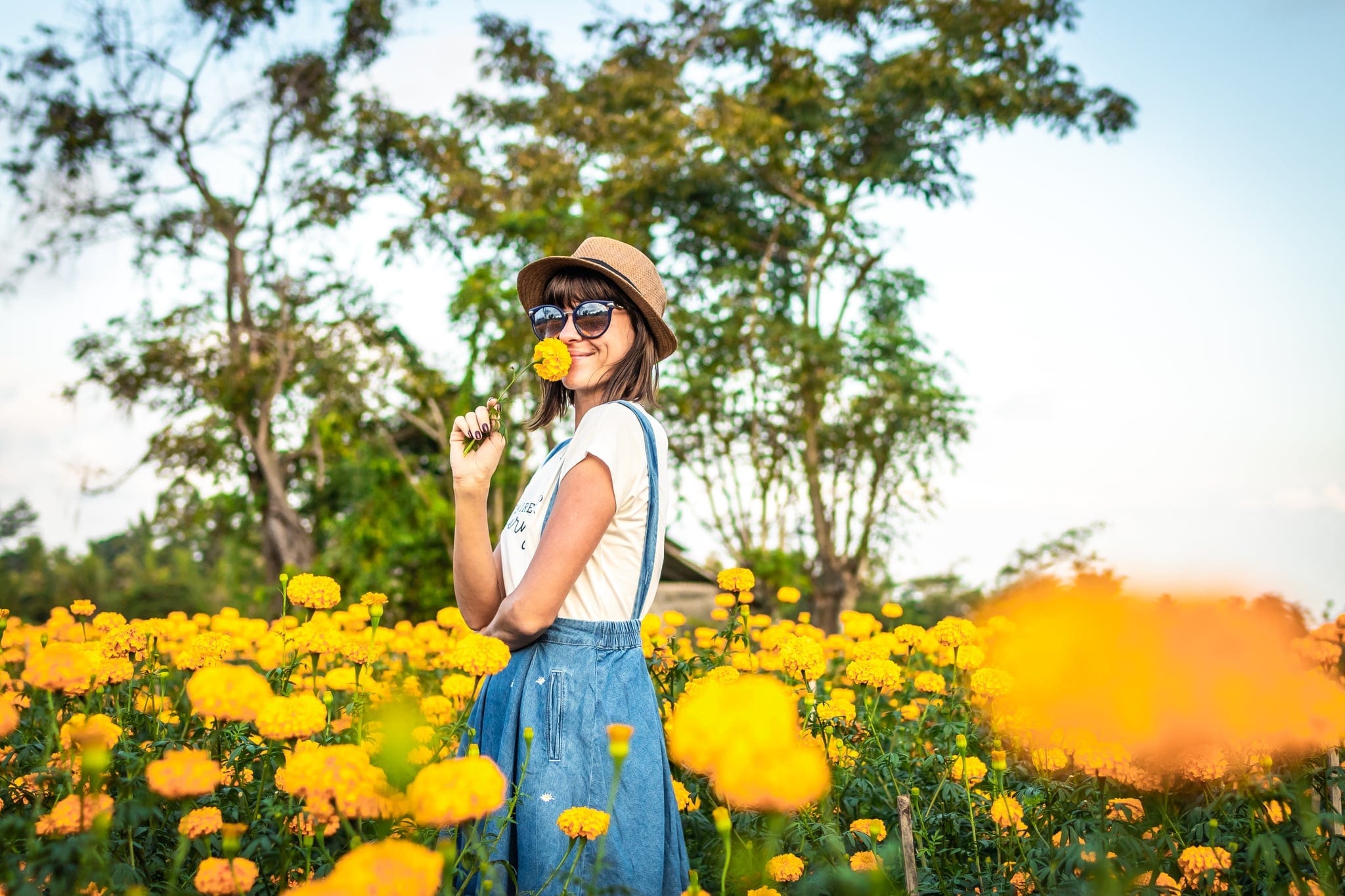 woman in yellow flower field
