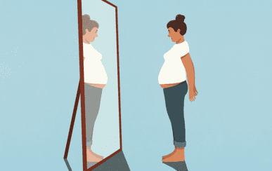 bloated woman in front of mirror