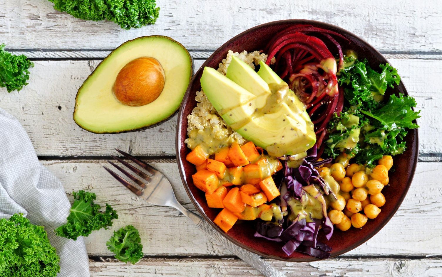 healthy bowl of food with avocado