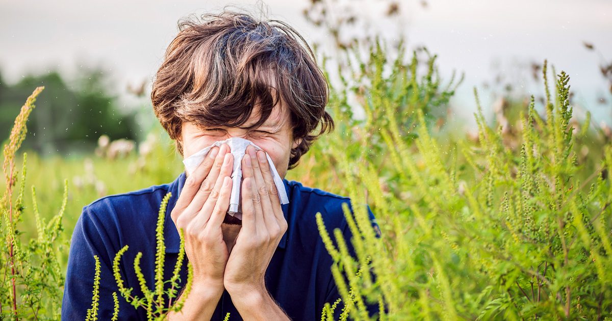man blowing nose allergies image