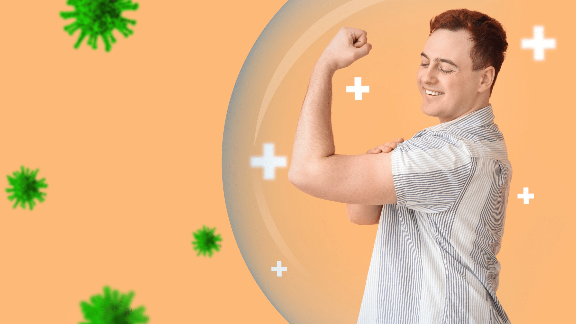 man flexing his arm while inside a bubble-like shield protecting him from bacteria.